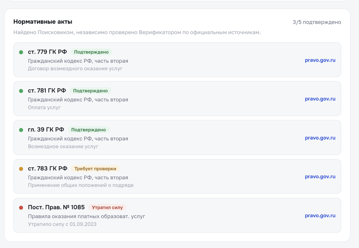 Панель «Нормативные акты» в рабочей области LegalDocs: ссылки на статьи ГК РФ со статусами «Подтверждено», «Требует проверки» и «Утратил силу» по данным официальных источников